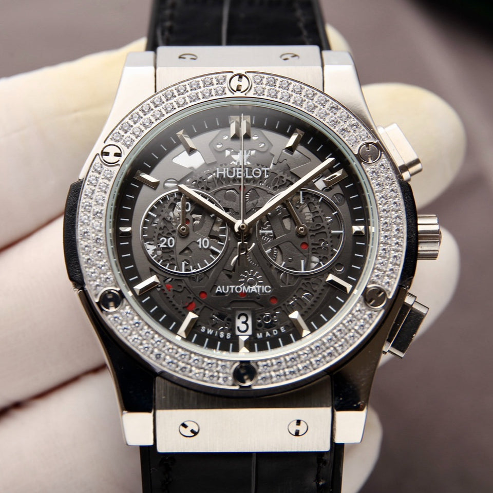 HBT - Chronograph - Rhinestone - Black 316 Steel - Black Leather - Quartz - 42mm
