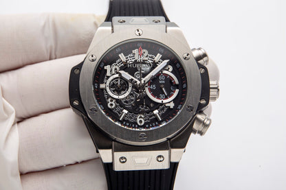HBT Black - Black 904L Steel - Black Leather - Quartz - 44mm