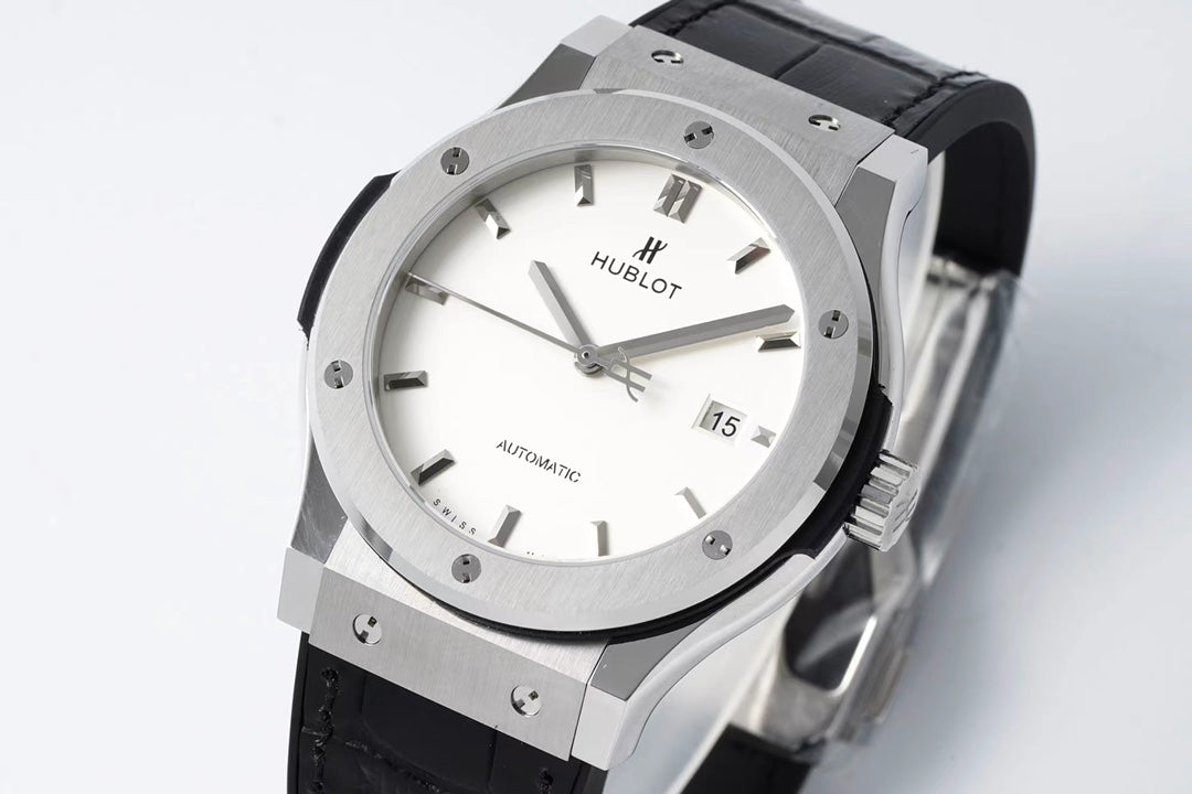 HBT White - Silver 904L Steel - Black Leather - Automatic - 42mm