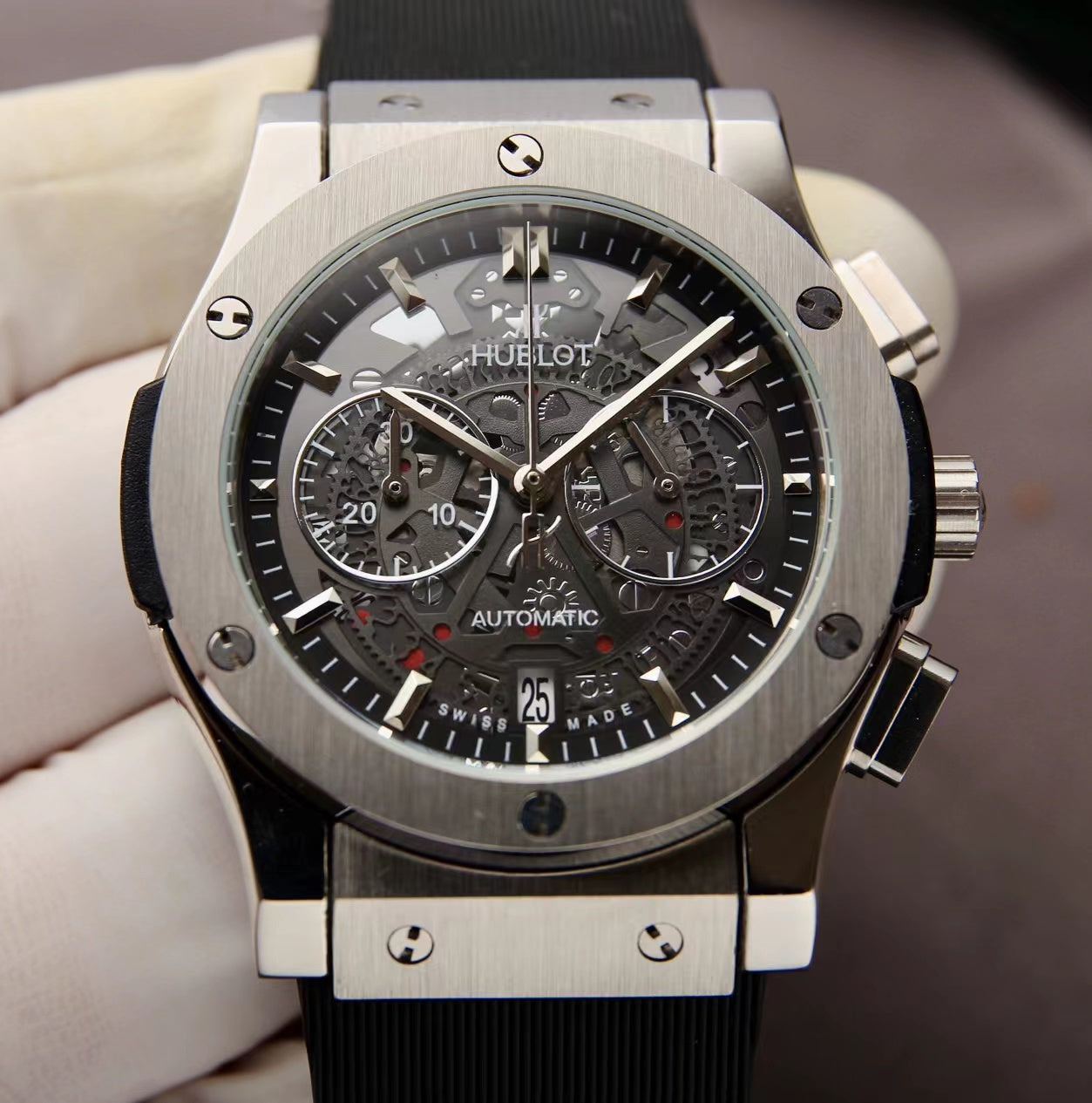 HBT Grey Hollow 904L Steel - Black Rubber - Quartz - 42mm