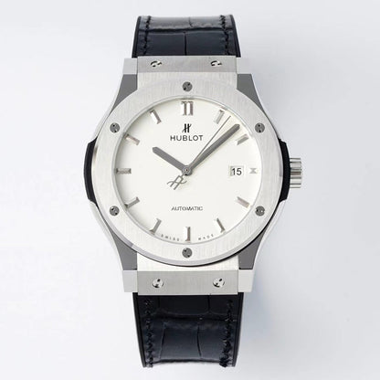 HBT White - Silver 904L Steel - Black Leather - Automatic - 42mm