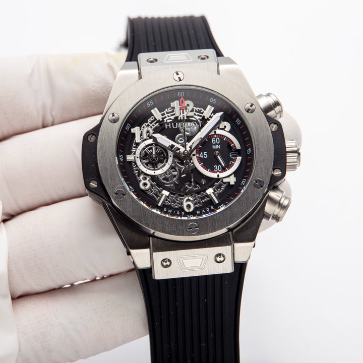HBT Black - Black 904L Steel - Black Leather - Quartz - 44mm