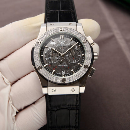 HBT - Chronograph - Rhinestone - Black 316 Steel - Black Leather - Quartz - 42mm