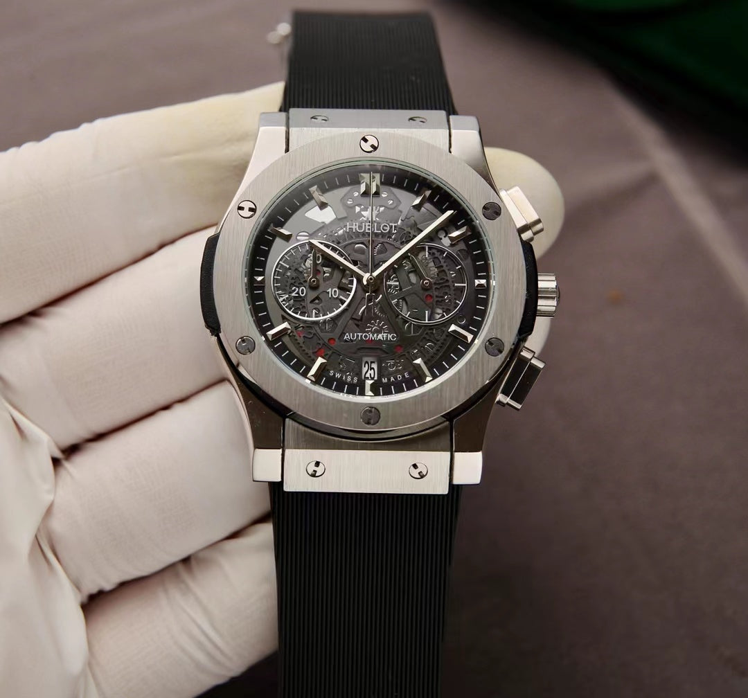 HBT Grey Hollow 904L Steel - Black Rubber - Quartz - 42mm