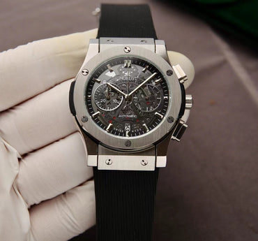 HBT Grey Hollow 904L Steel - Black Rubber - Quartz - 42mm