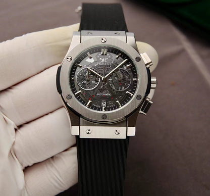 HBT Grey Hollow 904L Steel - Black Rubber - Quartz - 42mm