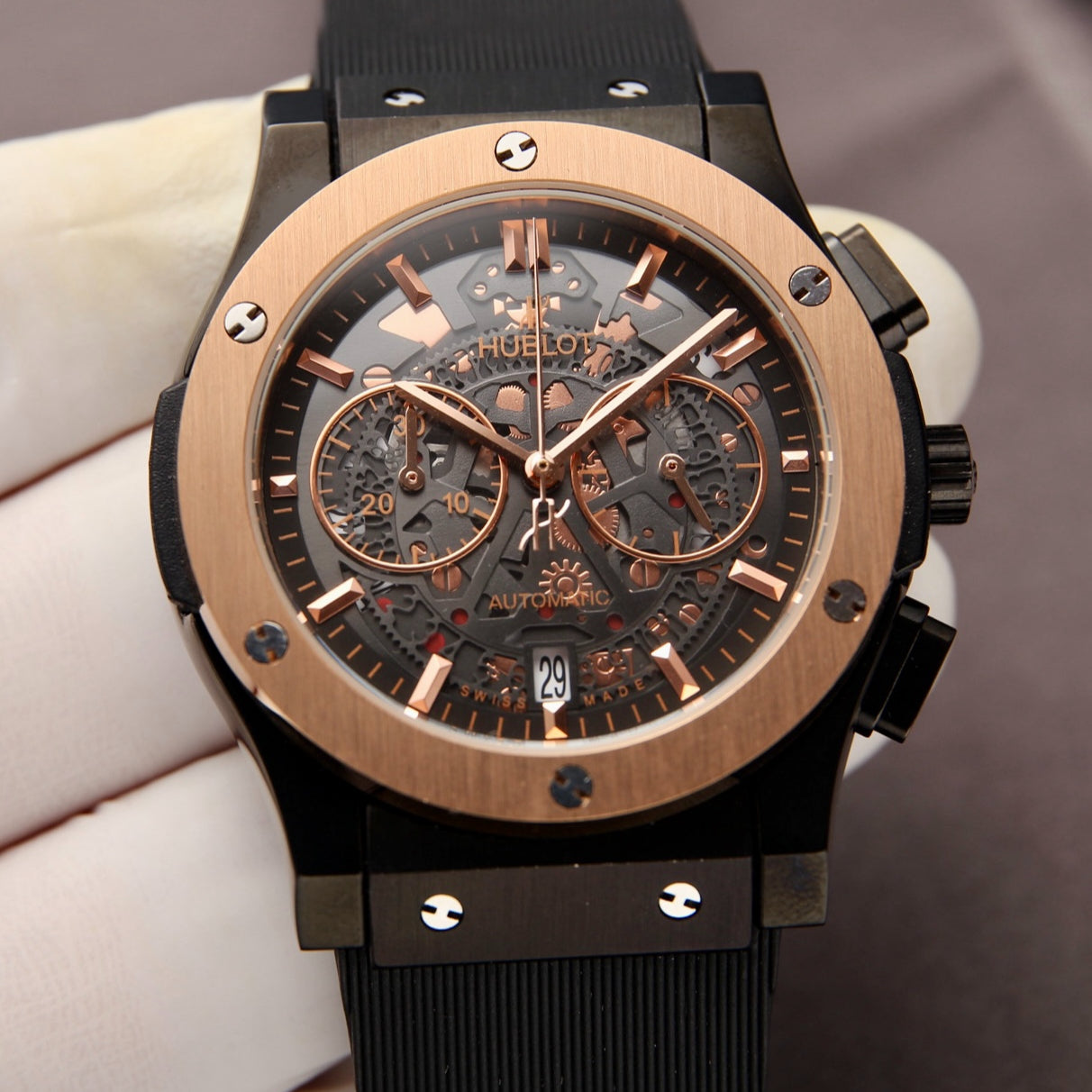HBT Rosegold - Hollow 904L Steel - Black Rubber - Quartz - 42mm